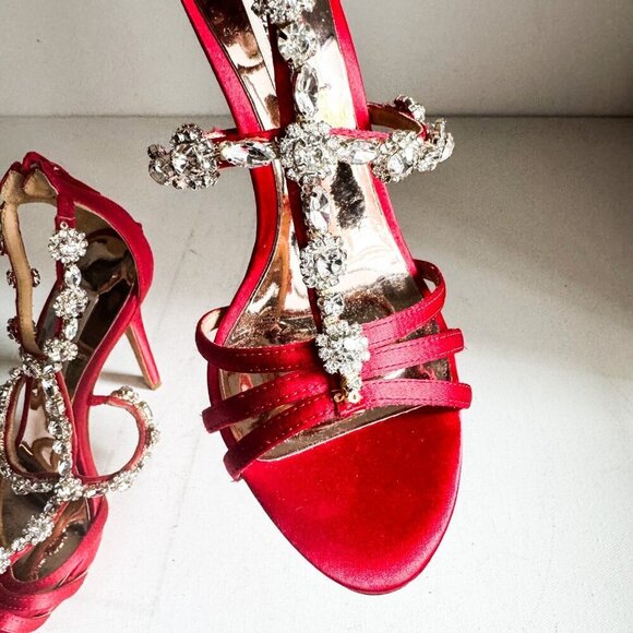 Badgley Mischka coral red satin rhinestone  cocktail heels shoes 5.5 - Picture 7 of 10
